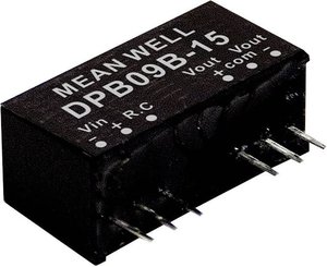 Moduły przetwornicy MEANWELLL DC/DC Seria SPB09, DPB09 SIP8/SIL8 Obudowa Podwójne napięcie wejściowe: 2:1 Moc: 9W Moduł przetwornicy DC/DC Mean Well DPB09C-15 DPB09C-15, 9 W, 300 mA, 1 szt.