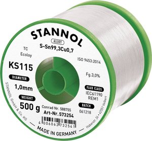 Cyna lutownicza bezołowiowa Stannol KS115 szpula Sn99,3Cu0,7 ROM1 500 g 1 mm