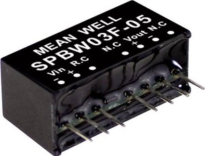 Moduły przetwornicy DC/DC firmy MEANWELL serii SPBW03SIP/SIL8 Obudowa Pojedyncze wyjście Współczynnik napięcia wejściowego: 4:1 Moc: sterowana 3W Moduł przetwornicy DC/DC Mean Well SPBW03F-03 SPBW03F-03, 3 W, 700 mA, 1 szt.