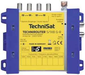 Multiprzełącznik SAT TechniSat Technirouter 5/1x8 G-R Wejścia (multi-switch): 5 (4 sat/ 1 naziemne) Ilość uczestników: 8