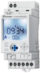 Timer do montażu seryjnego, program astronomiczny, programowanie joystickiem, programowalny NFC, 1 wyjście analogowe: 0-10 V lub PWM, 1 zestyk przełączny 16 A, na 230 V AC Przekaźnik czasowy do montażu na szynie nośnej Finder 12.A4.8.230.0010, 1 zestyk pr