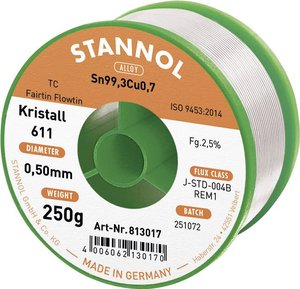 Drut do lutowania miękkiego Stannol Kristall 611 ze stopu Flowtin TC Sn99Cu1 o zawartości topnika 2,5% o średnicy 0,5 mm na szpuli 250g Cyna lutownicza bezołowiowa Stannol Kristall 611 Fairtin bezołowiowa Sn99,3Cu0,7 REM1 250 g 0.5 mm