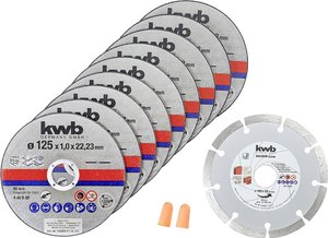 Tarcze tnące cienkie + diamentowe 125x1,0, 10 szt. Zestaw tarcz tnących kwb  712032 125 mm 10 szt.