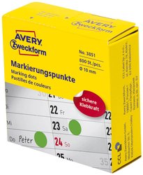 Oznaczniki samoprzylepne AVERY Zweckform (ø 10 mm, 800 kropek samoprzylepnych na rolce w dyspenserze, papier, mat) zielony Avery-Zweckform 3851 Etykiety do oznaczników Ø 10 mm zielony 800 szt. Trwały Papier