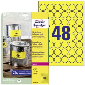 Avery-Zweckform L6128-20 Etykiety foliowe Ø 30 mm Folia poliestrowa żółty 960 szt. Trwały Drukarka Laserowa, kolorowa, Drukarka Laserowa, Drukarka z funkcją kopiowania w kolorze, Kopiarka, Drukarka etykiet