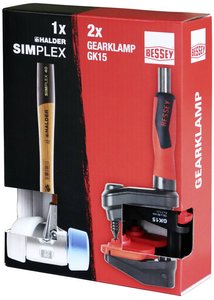 Zacisk zębaty GearKlamp GK15 + młotek z miękkim bijakiem Simplex-A Bessey GK15-SIMPLEX-A Maksymalna szerokość mocowania:150 mm  Posuw:60 mm