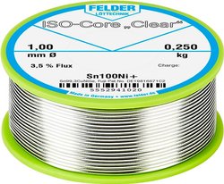 Cyna lutownicza bezołowiowa Felder Löttechnik ISO-Core ''Clear'' Sn100Ni+ szpula Sn99,25Cu0,7Ni0,05  0.250 kg 1 mm