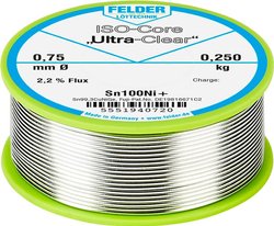 Cyna lutownicza bezołowiowa Felder Löttechnik ISO-Core ''Ultra-Clear'' Sn100Ni+ szpula Sn99,25Cu0,7Ni0,05  0.250 kg 0.75 mm