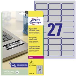 Avery-Zweckform L6011-20 Etykiety do szyldów opisowych 63.5 x 29.6 mm Folia poliestrowa srebrny 540 szt. Trwały Drukarka Laserowa, Kopiarka, Drukarka etykiet