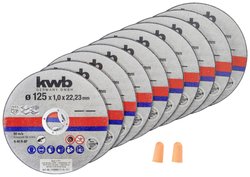 tarcze tnące kwb 712022 cienka szlifierka kątowa Tarcza tnąca 125 mm do stali nierdzewnej INOX w pudełku do przechowywania wraz z zatyczkami do uszu ABM. 125 x 1,0 x 22,23, Zestaw tarcz tnących kwb 712022 125 mm 10 szt.