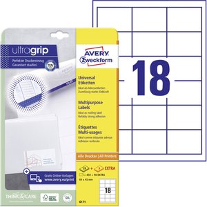 Avery-Zweckform 6171 Etykieta uniwersalna 64 x 45 mm Papier biały 540 szt. Trwały Drukarka atramentowa, Drukarka Laserowa, Drukarka Laserowa, kolorowa, Kopiarka, Drukarka z funkcją kopiowania w kolorze, Drukarka etykiet
