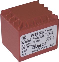 Transformatory do płytek PCB, seria EI 2,3VA 85/332 Weiss Elektrotechnik 85/332 230 V N/A N/A 2.3 VA