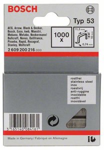 Zszywki z cienkiego drutu, typ 53, 11,4 x 0,74 x 10 mm, 1000 szt., ze stali nierdzewnej Bosch Accessories 2609200216, N/A, 1000 szt.