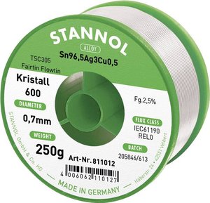 Drut do lutowania miękkiego Stannol Kristall 600 ze stopu Flowtin TSC305 o zawartości topnika 2,5% o średnicy 0,7 mm na szpuli 250g Cyna lutownicza bezołowiowa Stannol Kristall 600 Fairtin bezołowiowa Sn96,5Ag3Cu0,5 REL0 250 g 0.7 mm