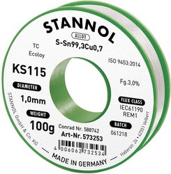 Cyna lutownicza bezołowiowa Stannol KS115 szpula Sn99,3Cu0,7 ROM1 100 g 1 mm