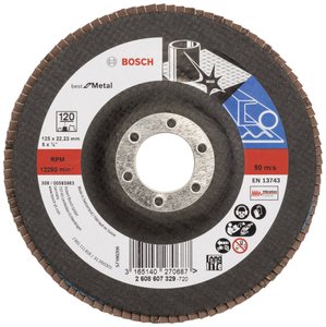 X571 Best for Metal, doskonała trwałość podczas obróbki zgrubnej spoin i szlifowania szorstkich powierzchni. Tarcza lamelkowa Bosch Accessories X571 2608607329 Średnica 125 mm 1 szt.