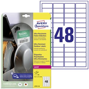 Avery-Zweckform L7911-10 Etykiety foliowe 45.7 x 21.1 mm Folia polietylenowa biały 480 szt. Trwały Drukarka Laserowa, kolorowa, Drukarka Laserowa, Drukarka z funkcją kopiowania w kolorze, Kopiarka, Drukarka etykiet