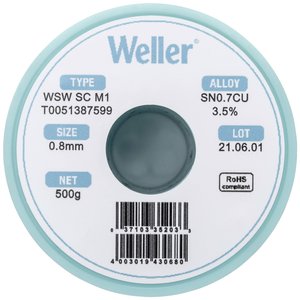 Cyna lutownicza bezołowiowa Weller WSW SC M1 szpula Sn0,7Cu  500 g 0.8 mm