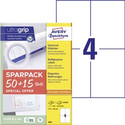 Etykiety uniwersalne, trwałe z Ultragrip, 105 x 148 mm, atramentowe, czarno-białe laserowe, kolorowe laserowe, A4 Avery-Zweckform 6601 105 x 148 mm biały 260 szt.