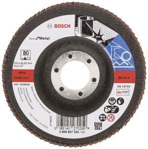 X571 Best for Metal, doskonała trwałość podczas obróbki zgrubnej spoin i szlifowania szorstkich powierzchni. Tarcza lamelkowa Bosch Accessories X571 2608607324 Średnica 115 mm 1 szt.