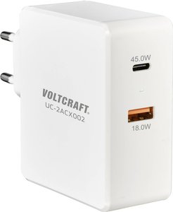 VOLTCRAFT UC-2ACX002 Ładowarka USB 45 W, 63 W gniazdo Maksymalne natężenie wyjściowe 3000 mA Ilość wyjść: 2 x USB, złącze żeńskie USB-C (Power Delivery)