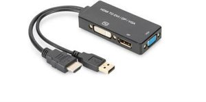 Konwerter HDMI, DVI, VGA, DisplayPort Digitus AK-330403-002-S, [1x złącze męskie HDMI - 3x DVI-D, złącze żeńskie VGA, złącze żeńskie DisplayPort]