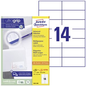 Avery-Zweckform 3653-200 uniwersalne etykiety, trwałe z Ultragrip, 105 x 42,3 mm, atramentowe, laserowe czarno-białe, kolorowe laserowe, A4 Avery-Zweckform 3653-200 Etykieta uniwersalna 105 x 42.3 mm Papier biały 3080 szt. Trwały Drukarka Laserowa, Drukar