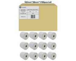 Kompatybilny z papierem termicznym powlekanym Zebra 800264-155 (12x 1790 etykiet/ 102 x 38mm), ograniczona odporność na wilgoć i tłuszcz, perforowany - marka: G&,G Etykiety do drukarek etykiet G&G RL-P-S2011-102*38*1790-BK/WT, 102 x 38 mm, Etykieta uni