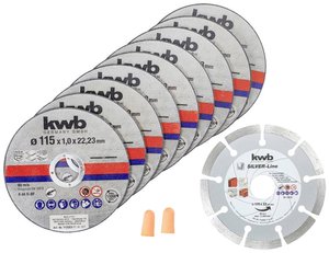 kwb 712031, tarcze tnące + tarcza diamentowa, cienka diamentowa szlifierka kątowa Ø 115 mm tarcza tnąca do stali nierdzewnej INOX w pudełku do przechowywania wraz z zatyczkami do uszu 115 x 1,0 x 22,23, Ø Zestaw tarcz tnących kwb  712031 115 mm 10 szt.
