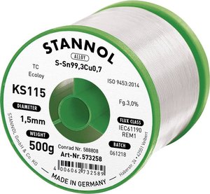 Cyna lutownicza bezołowiowa Stannol KS115 szpula Sn99,3Cu0,7 ROM1 500 g 1.5 mm