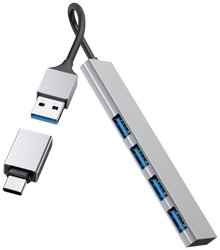 Hub USB Hama, 4 porty, USB 3.2 Gen1, 5 Gbit/s, bardzo cienki, z adapterem USB-C Hub USB 3.2 Gen 1 Hama Ultra Slim 4 porty z wtyczką USB-C szary