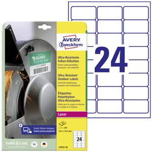 Avery-Zweckform L7912-10 Etykiety foliowe 63.5 x 33.9 mm Folia polietylenowa biały 240 szt. Trwały Drukarka Laserowa, kolorowa, Drukarka Laserowa, Drukarka z funkcją kopiowania w kolorze, Kopiarka, Drukarka etykiet