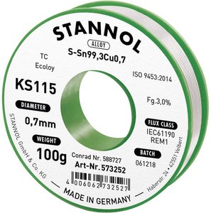 Cyna lutownicza bezołowiowa Stannol KS115 szpula Sn99,3Cu0,7 ROM1 100 g 0.7 mm
