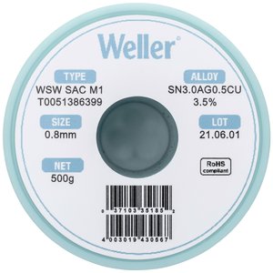 Cyna lutownicza bezołowiowa Weller WSW SAC M1 szpula Sn3,0Ag0,5Cu  500 g 0.8 mm