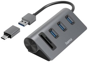 Hub USB 3.2 Gen 1 Hama  5 Portów wbudowany czytnik kart pamięci SD, z wtyczką USB-C szary
