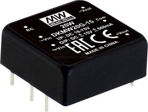 Moduły przetwornicy MEANWELLL DC/DC serii DKMW20 seria 1''x1''' Obudowa Podwójne wyjście Stosunek napięcia wejściowego: 4:1 Moc: 20W regulowana Moduł przetwornicy DC/DC Mean Well DKMW20F-15 DKMW20F-15, 20 W, 660 mA, 1 szt.