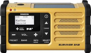 Radio outdoorowe Sangean Survivor DAB DAB+, UKW funkcja ładowania akumulatora, latarka kieszonkowa, wielokrotne ładowanie, korba ręczna, panel słoneczny żółty