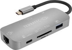 Aluminiowy adapter USB typu C z gniazdem USB-C PD, HDMI, 2x USB 3.0, czytnikiem kart pamięci i złączem sieciowym RJ45 Hub Multiport USB-C® USB 3.2 Gen 2 (USB 3.0) Terratec CONNECT C8   szary