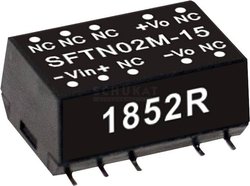 MEANWELL SMD Moduły przetwornicy DC/DC serii SFTN02 SMD Obudowa Pojedyncze wyjście Współczynnik napięcia wejściowego: 1:1 Moc: 2W nieregulowane Moduł przetwornicy DC/DC Mean Well SFTN02M-15 SFTN02M-15 , 2 W, 133 mA, 1 szt.