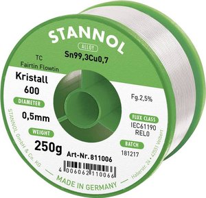 Drut do lutowania miękkiego Stannol Kristall 600 ze stopu Flowtin TSC305 o zawartości topnika 2,5% o średnicy 0,5 mm na szpuli 250g Cyna lutownicza bezołowiowa Stannol Kristall 600 Fairtin bezołowiowa Sn99,3Cu0,7 REL0 250 g 0.5 mm