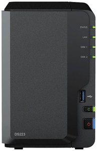 Synology DiskStation DS223 Obudowa serwera NAS 0 GB  2 Bay przedni panel USB 3.2 Gen 1 (USB 3.0), sprzęt i oprogramowanie Synology®, szyfrowanie sprzętowe, dostęp do Chmury, zewnętrzne źródło zasilania, zoptymalizowany dla kamer monitorujących 24/7, obsłu
