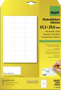 Sigel LA210 Etykieta uniwersalna 63.5 x 29.6 mm Papier biały 675 szt. Z możliwością usunięcia Drukarka atramentowa, Drukarka Laserowa, Drukarka Laserowa, kolorowa, Kopiarka, Drukarka z funkcją kopiowania w kolorze