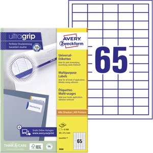 Avery-Zweckform 3666 Etykieta uniwersalna 38 x 21.2 mm Papier biały 6500 szt. Trwały Drukarka atramentowa, Drukarka Laserowa, Drukarka Laserowa, kolorowa, Kopiarka, Drukarka z funkcją kopiowania w kolorze, Drukarka etykiet