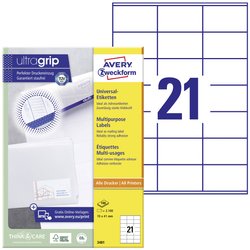 Avery-Zweckform 3481 Etykieta uniwersalna 70 x 41 mm Papier biały 2100 szt. Trwały Drukarka atramentowa, Drukarka Laserowa, Drukarka Laserowa, kolorowa, Kopiarka, Drukarka z funkcją kopiowania w kolorze, Drukarka etykiet