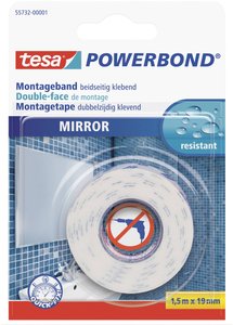 tesa Powerbond® dwustronna taśma samoprzylepna do luster — idealna do mocowania przedmiotów do twardych powierzchni (np. luster łazienkowych), odporna na wilgoć Taśma montażowa tesa tesa® Powerbond 55732-00001-02 MIRROR (D x S) 1.5 m x 19 mm 1.5 m 1 szt.