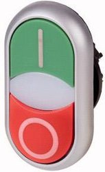 Przycisk podwójny, + sygnalizator świetlny, płaski, zielony i, biały, przycisk zewnętrzny wysoki czerwony 0 Przycisk podwójny Eaton M22-DDLM-GR-X1/X0 pierścień przedni z tworzywa sztucznego    1 szt.