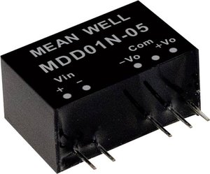 Moduły przetwornicy DC/DC firmy MEANWELL serii MDD01 serii SIP/SIL7 Obudowa Podwójne wyjście Współczynnik napięcia wejściowego: 1:1 Moc: 1W nieregulowany Medyczny Moduł przetwornicy DC/DC Mean Well MDD01M-05 MDD01M-05, 1 W, 100 mA, 1 szt.