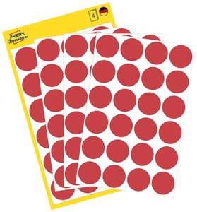 Kropki samoprzylepne AVERY Zweckform (Ø 18 mm, 96 punktów samoprzylepnych na 4 arkuszach, papier, mat) czerwone Avery-Zweckform 3004 Etykiety do oznaczników Ø 18 mm czerwony 96 szt. Trwały Papier