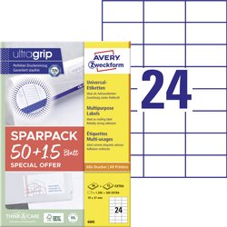 Etykiety uniwersalne, trwałe z Ultragrip, 70 x 37 mm, atramentowe, czarno-białe laserowe, kolorowe laserowe, A4 Avery-Zweckform 6605 70 x 37 mm biały 1560 szt.