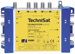 Multiprzełącznik SAT TechniSat Technisystem 5/8 G2, DC-NT Wejścia (multi-switch): 5 (4 sat/ 1 naziemne) Ilość uczestników: 8